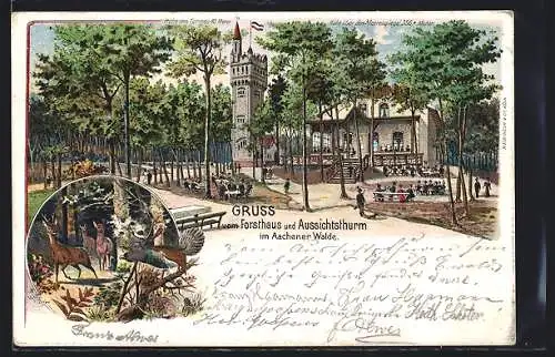 Lithographie Aachen, Gasthof Forsthaus und Aussichtsturm im Aachener Walde