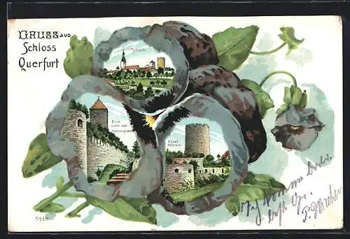 Passepartout-Lithographie Querfurt, Schloss, Dicker Heinrich, Blick durch den Schlossgraben