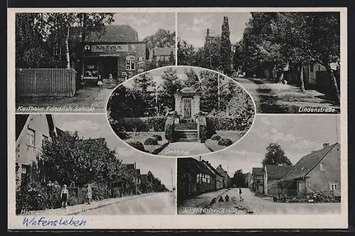 AK Wefensleben, Strasse, Kaufhaus Friedrich Schildt, Denkmal