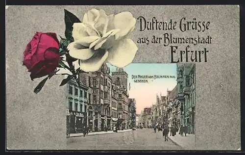Blumengruss-AK Erfurt, Anger vom Brunnen aus gesehen, Rosen