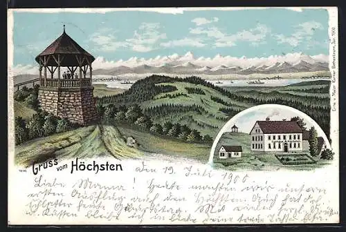 Lithographie Höchsten / Glashütten, Gasthaus z. Höchsten, Aussichtsturm