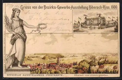 Lithographie Biberach-Riss, Bezirks-Gewerbe-Ausstellung 1900, Ortsansicht vom Lindele aus