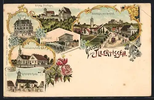 Lithographie Illertissen, Rathaus, Kirchen, Bahnhof, Schloss Illertissen