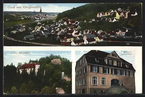 AK Klingenstein, Schloss, Neues Schulhaus, Ortsansicht aus der Vogelschau