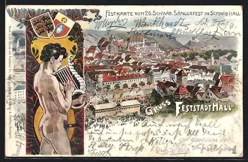 Künstler-AK Schwäb. Hall, Schwäbisches Sängerfest 1901 - Figur mit Lyra, Ortsansicht, Wappen