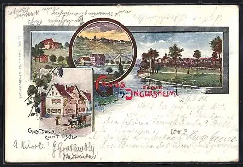 Lithographie Ingersheim / Ludwigsburg, Gasthaus zum Hirsch, Gumpritzhöhe, Ortsansicht