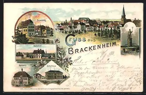 Lithographie Brackenheim, Bahnhof, Schloss, Rathaus, Schulhaus, Ortsansicht