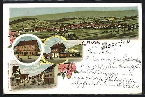 Lithographie Zaberfeld, Bahnhof, Geschäft v. Wilh. Kachel, Schul- und Rathaus, Ortsansicht