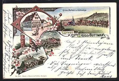 Künstler-AK Gross-Bottwar, Ortsansicht mit Lichtenberg, Gasthof zur Rose, Schloss Schaubeck