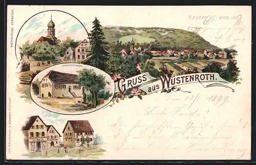 Lithographie Wüstenrot, Gasthaus zum Adler, Chausseehaus, Pension Löwe