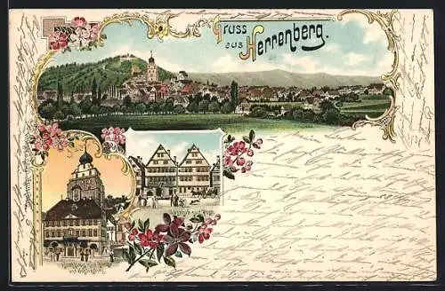 Lithographie Herrenberg, Gasthof zur Post, Rathaus mit Kirche