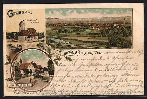 Lithographie Söflingen, St. Leonhardts-Kapelle, Klosterhof, Gesamtansicht