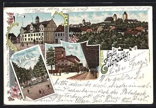 Lithographie Eilenburg, Gesamtansicht, Rathaus, Krieger-Denkmal und Bahnhof