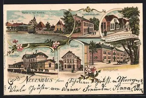 Lithographie Neuenhaus i. Hann., Mühle u. ref. Kirche, Bahnhof, Verwaltungsamt, Amtsgericht, Postamt