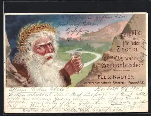 Lithographie Essen a. d. R., Reklame für Dampfkornbranntwein-Brennerei Felix Rauter, Alter Mann mit vollem Glas
