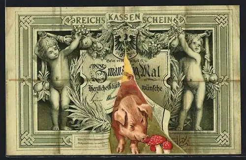 AK Schwein schaut durch einen Riss im Reichskassenschein