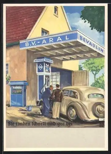 Künstler-AK sign. Fritz Erbe: Auto an der B.V.-Aral Tankstelle