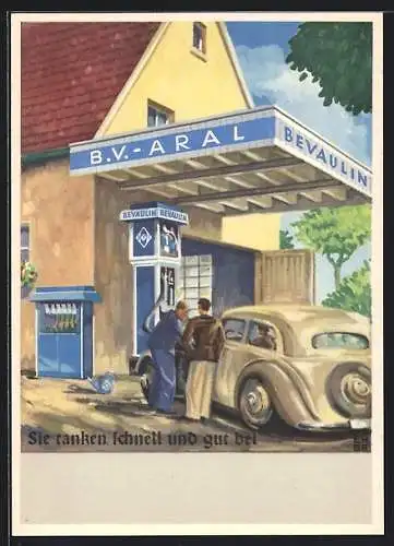 Künstler-AK sign. Fritz Erbe: Auto an der B.V.-Aral Tankstelle