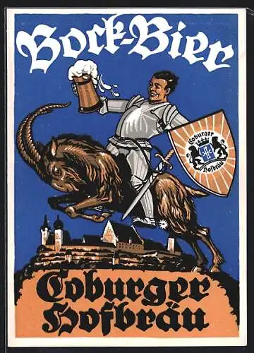 AK Coburg, Werbung für Coburger Hofbräu, Bock-Bier, Mann reitet auf Bock mit Bier