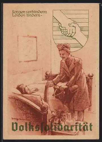 AK Volkssolidarität - Wappen und Frau beim Besuch am Krankenbett