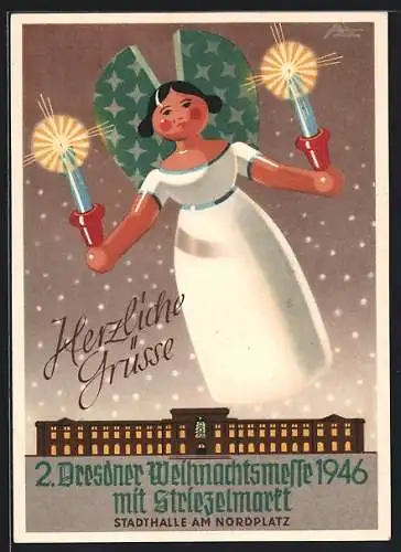 AK Dresden-Neustadt, 2. Dresdener Weihnachtsmesse 1946 mit Striezelmarkt, Stadthalle am Nordplatz