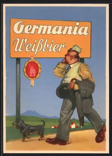 Künstler-AK Brauerei-Werbung für Germania Weissbier, Hundebesitzer mit seinem Dackel
