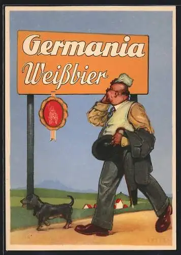 AK Werbung für die Brauerei Germania, m Weissbier, Wanderer mit Dackel