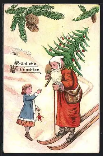 AK Weihnachtsmann mit Christbaum auf Skiern und Mädchen mit Hampelmann