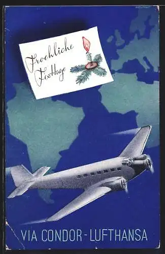 AK Flugzeug der Lufthansa fliegt zu Weihnachten über das Meer