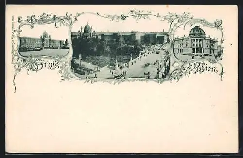 AK Wien, K. k. Hof-Museum, Elisabethbrücke mit Karlskirche, Deutsches Volkstheater