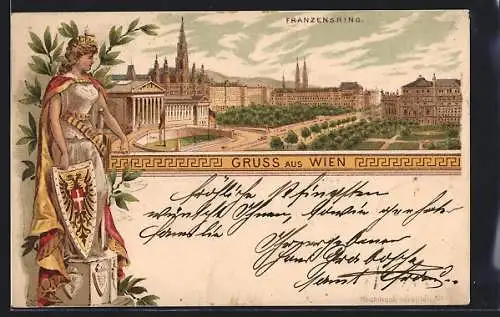 Lithographie Wien, Blick über den Franzensring, personifizierte Austria im Passepartout