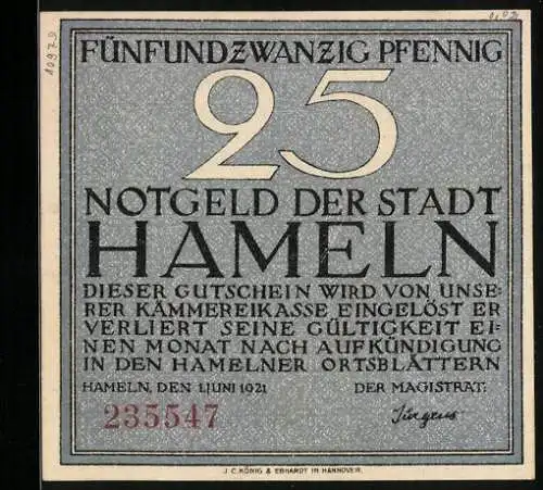 Notgeld Hameln 1921, 25 Pfennig, Siebenlinge-Denkstein