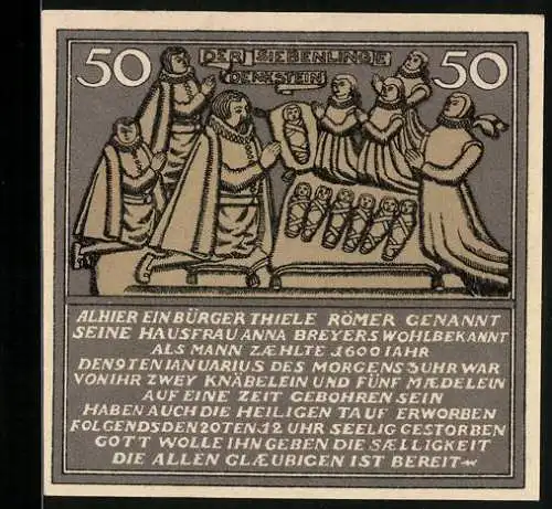 Notgeld Hameln 1921, 50 Pfennig, Der Siebenlinge-Denkstein mit Text