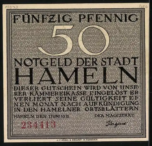 Notgeld Hameln 1921, 50 Pfennig, Der Siebenlinge-Denkstein mit Text