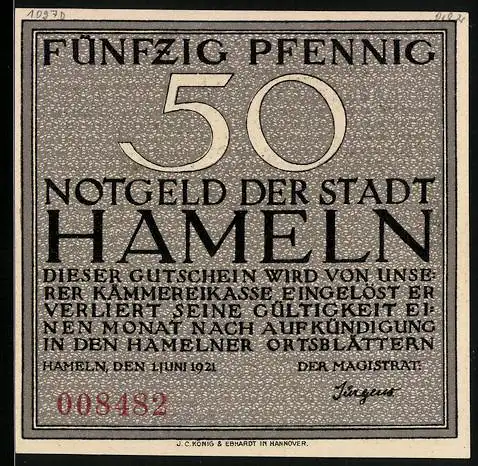 Notgeld Hameln 1921, 50 Pfennig, Siebenlinge-Denkstein mit Text
