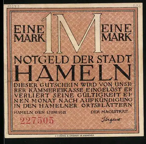 Notgeld Hameln 1921, 1 Mark, Text mit dem Siebenlinge-Denkstein