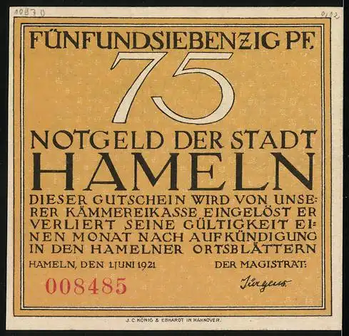 Notgeld Hameln 1921, 75 Pfennig, Der Siebenlinge-Denkstein