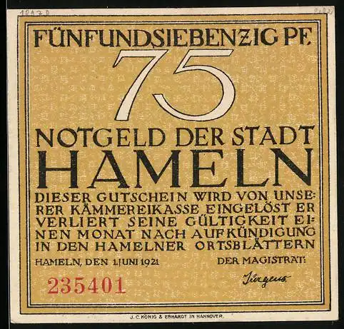 Notgeld Hameln 1921, 75 Pfennig, Siebenlinge-Denkstein mit gereimtem Text