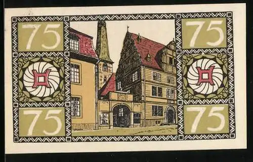 Notgeld Hameln 1921, 75 Pfennig, Strassenpartie mit Kirchturm