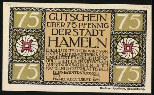 Notgeld Hameln 1921, 75 Pfennig, Strassenpartie mit Kirchturm