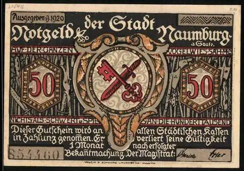 Notgeld Naumburg 1920, 50 Pfennig, Wappen und fiktive Szene