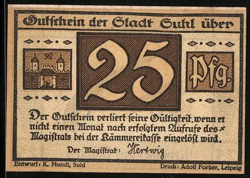 Notgeld Suhl, 25 Pfennig, Wappen, Revolver und Pistole