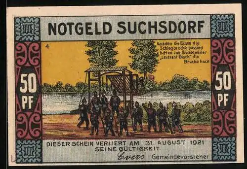 Notgeld Suchsdorf 1921, 50 Pfennig, Dorfteich und Szene mit Leutnant Block