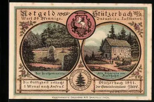 Notgeld Stützerbach W. A. 1921, 50 Pfennig, Alte Schmiede und Dreiherrenstein