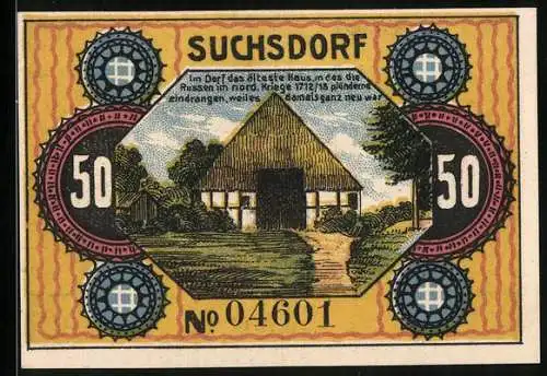 Notgeld Suchsdorf 1921, 50 Pfennig, Ältestes Haus im Dorf und Szene mit dänischem Rückzug