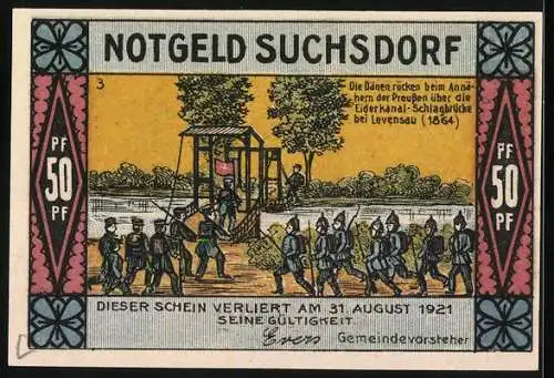 Notgeld Suchsdorf 1921, 50 Pfennig, Ältestes Haus im Dorf und Szene mit dänischem Rückzug