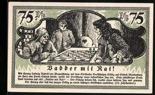 Notgeld Ströbeck 1921, 75 Pfennig, Szene mit Herzog von Braunschweig und Schachpartie