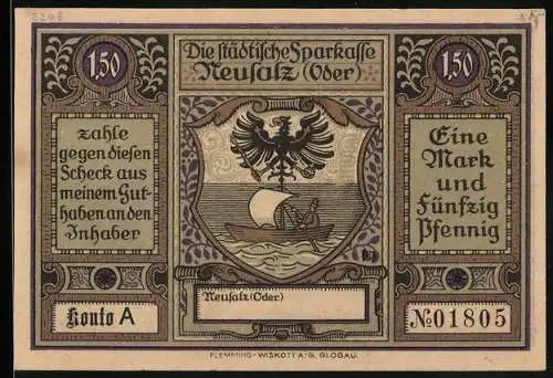Notgeld Neusalz /Oder, 1,50 Mark, Friedrich d. Grosse erhebt Neusalz zur Stadt