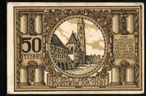 Notgeld Neuötting am Inn, 50 Pfennig, Strassen mit Kirche und Glockenturm