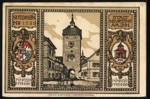 Notgeld Neuötting am Inn, 50 Pfennig, Strassen mit Kirche und Glockenturm